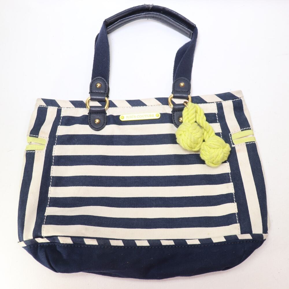 Juicy Couture Tote Handbag M Nautical Striped Canvas Beach Bag Pom Poms